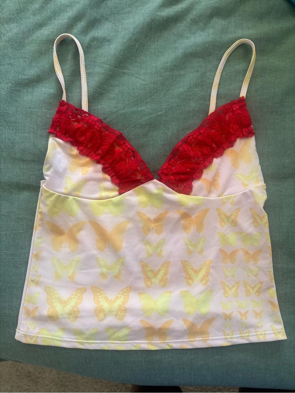 O mighty Women's Red Lace Trim Butterfly Cami Tank Top